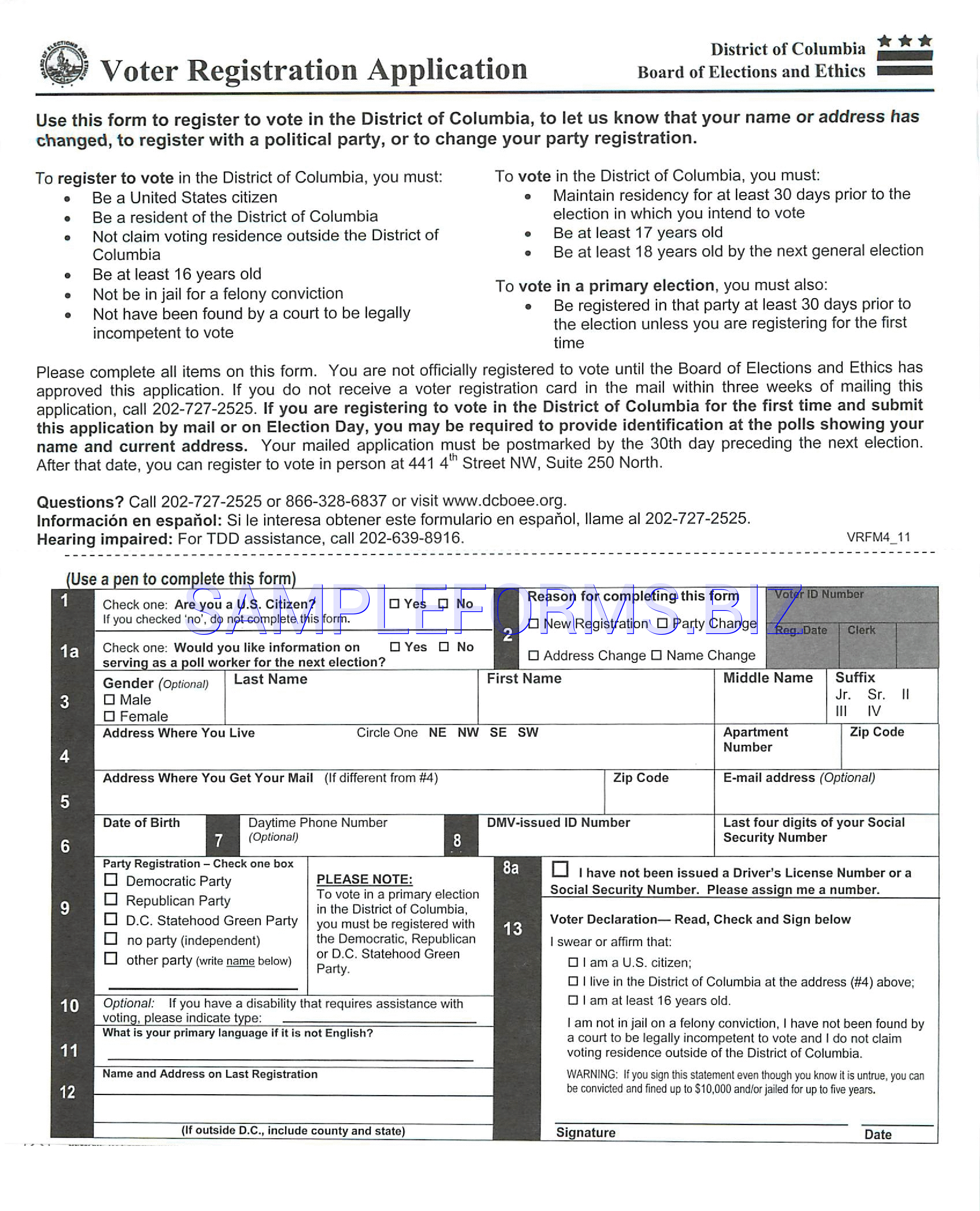 Preview free downloadable District of Columbia Voter Registration in PDF (page 1)